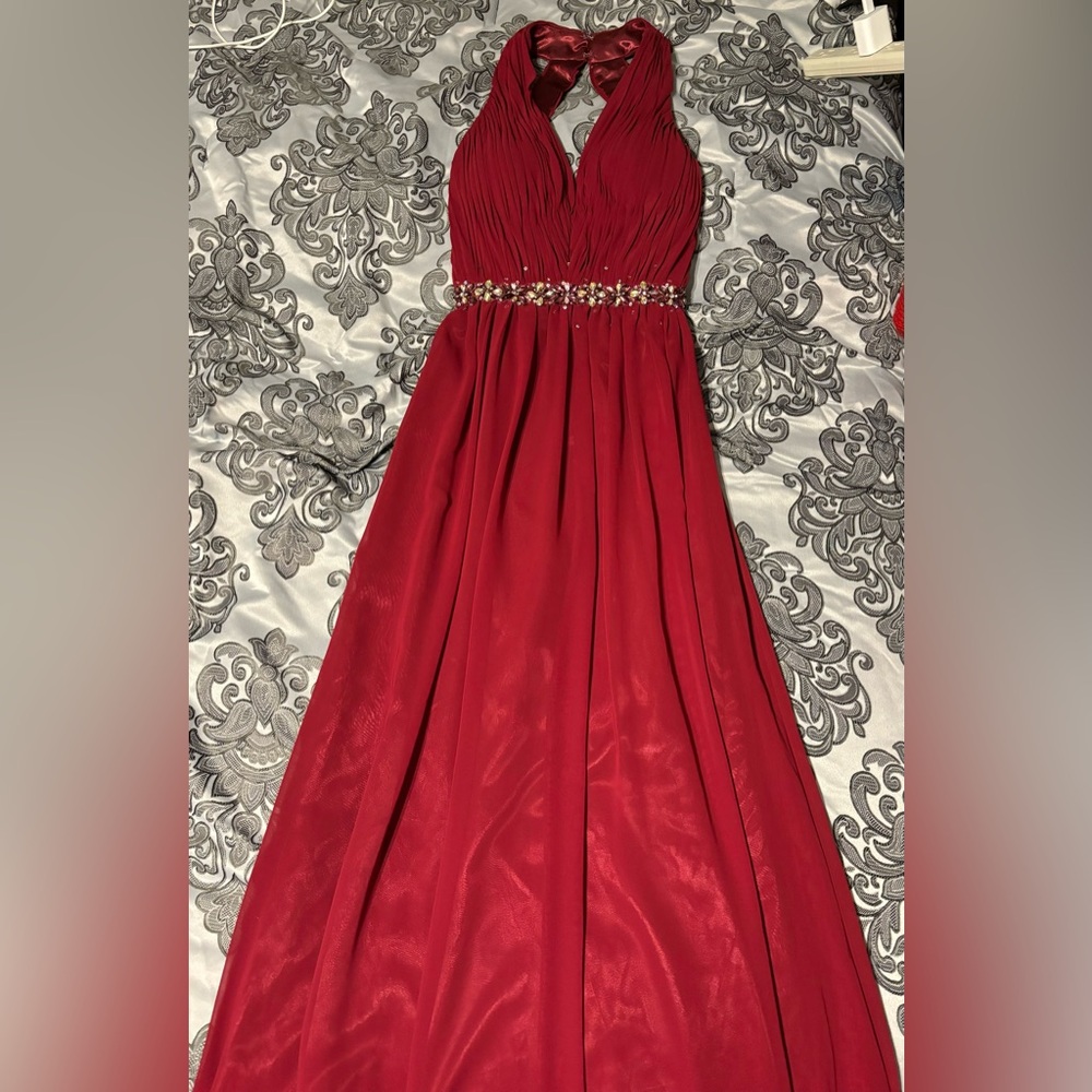 Bee Darlin Long Red Bejeweled Cut Out Prom Dress